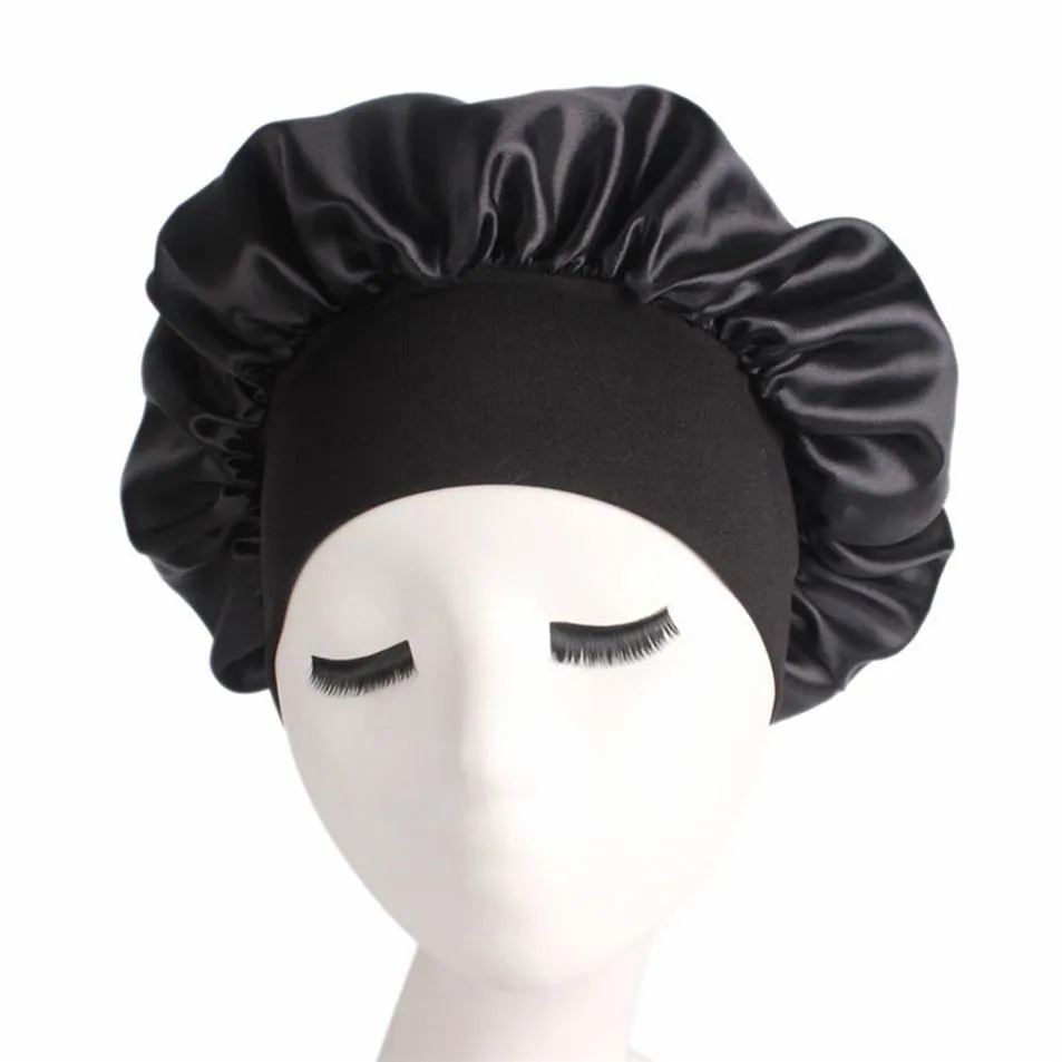 1 2 5 10 pçs 58cm cor sólida toucas de banho longo cuidados com o cabelo feminino cetim gorro boné noite sono chapéu seda cabeça envoltório ajustar chuveiro caps288q