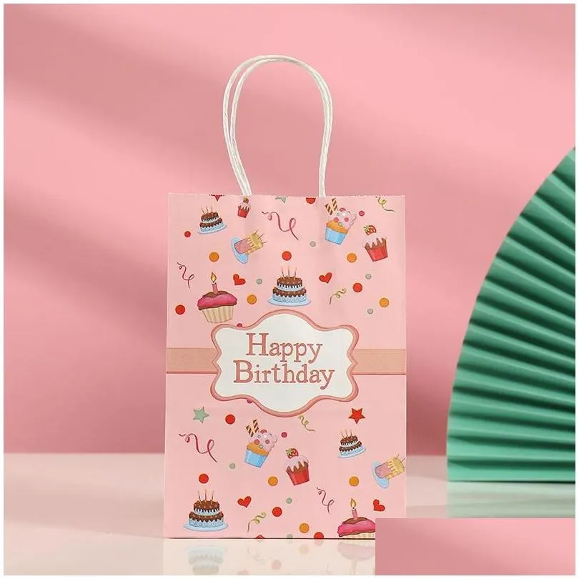 Emballage cadeau Emballage de fête d'anniversaire 20pc / set sacs papier kraft avec poignée dessin animé décorations heureuses enfants drop livraison maison jardin festival Dhxd7