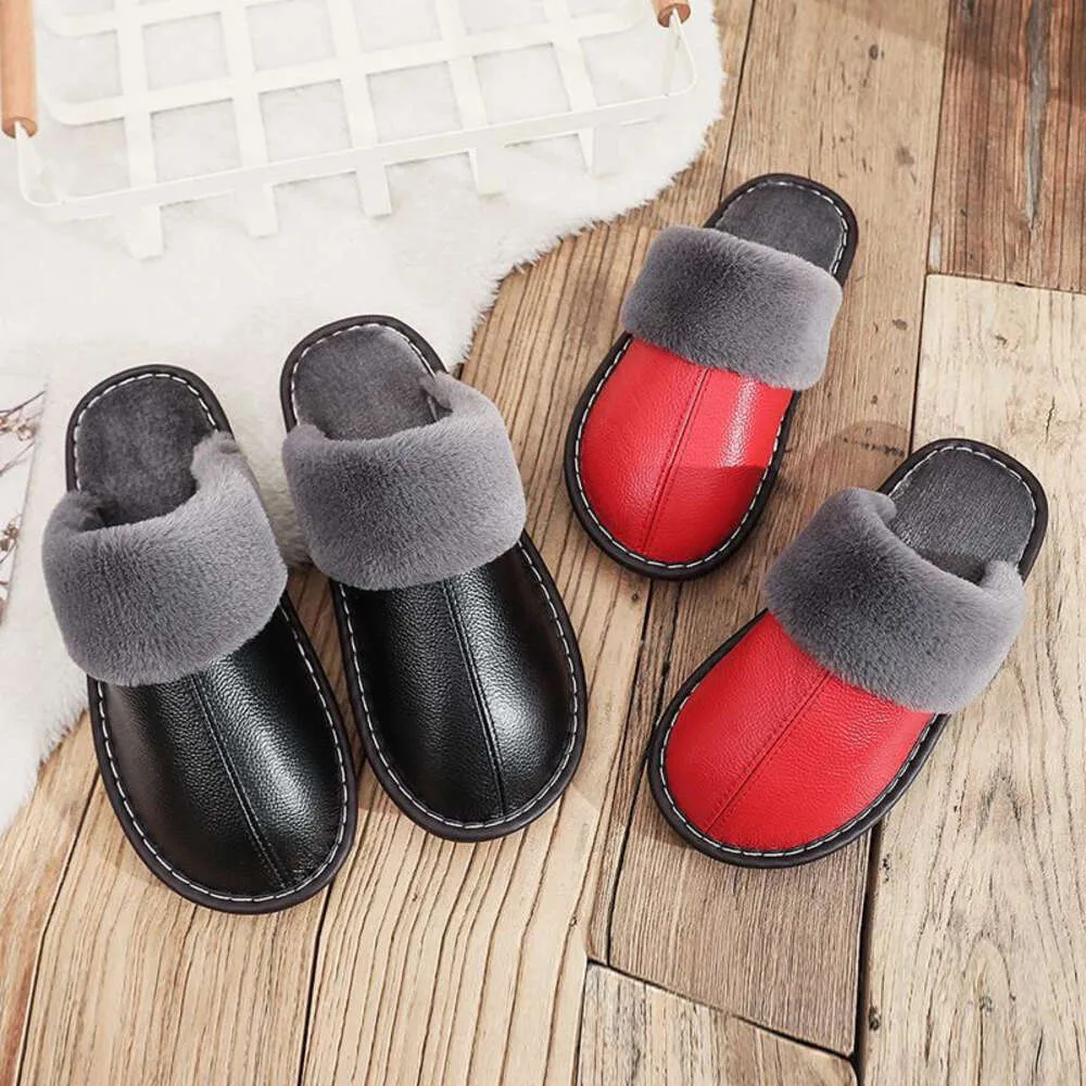 Slippers Men Black Winter PU Leather Warm Indoor Slipper