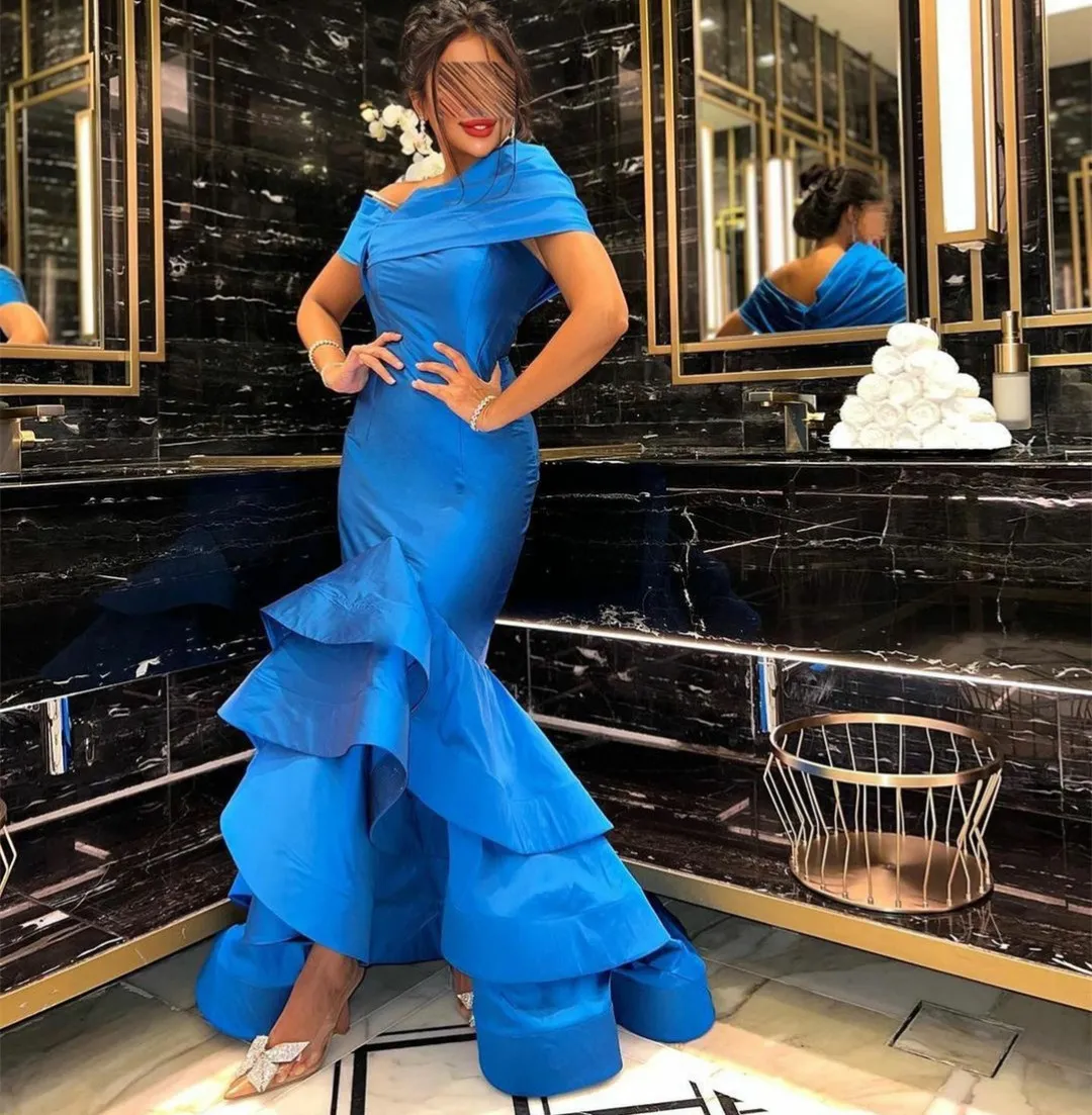 Elegant Long Mermaid Blue Taffeta Evening Dresses Off Shoulder Asymmetrical Ruffled Zipper Back Prom Dresses Robe de Soiree Formal Party Gown for Women