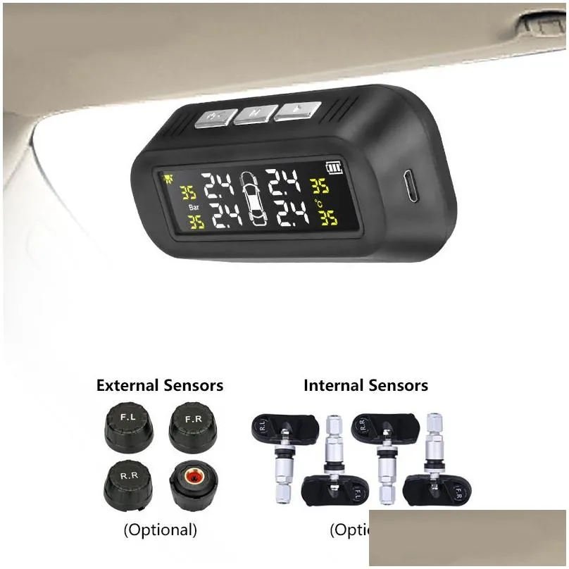 Outils de diagnostic solaire TPMS voiture pression des pneus alarme moniteur système d'affichage attaché à l'avertissement de température du verre avec 2 capteurs chute Dhkhz