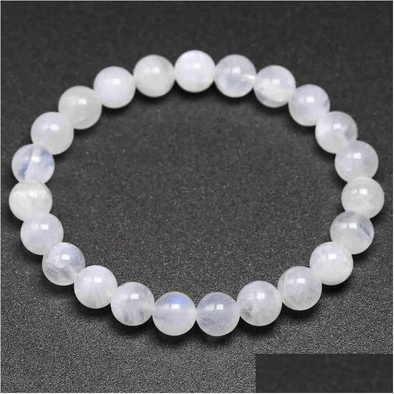 Bracelets de charme Naturel Rainbow Moonstone Femmes Bracelets Bleu Lumière Pour Hommes Ronde Energy Stone Perles Bijoux À La Main Cadeau Dhgarden Dhb0J