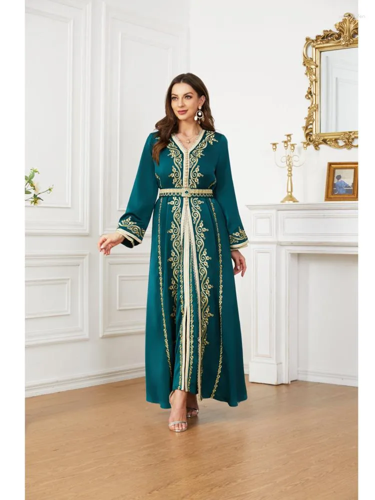 Ethnic Clothing Kaftan For Women Muslin Morocco Caftan 2 Pieces Wedding Easter Sunday Pentecost Dress With Belt Green Ramadan