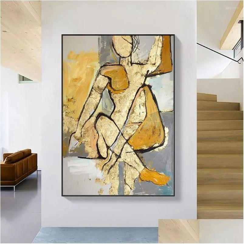 Målningar Abstract Golden Woman Oil Målning handgjorda på duk modern nordisk figur väggkonst för vardagsrum heminredning droppe dh3ml