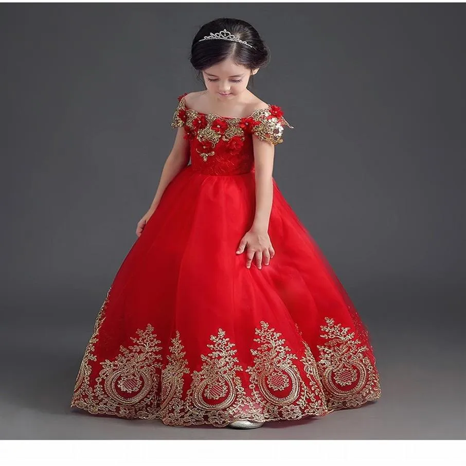 Luxo ouro apliques vestido de baile fora do ombro vermelho longo meninas pageant vestidos crianças vestidos de festa de baile vestidos da menina de flor ytz104290u