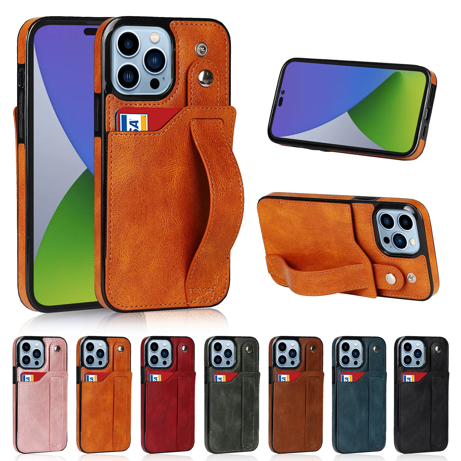 Slim Leather Hand Strap Card Holder Wallet Case For iPhone 15 Pro Max 14 13 12 11 XR XS X 8 7 handledsrem Kickstand telefonomslag conque