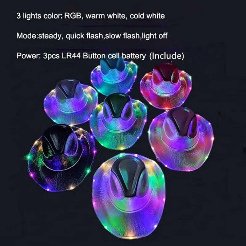 LED Colorful Light Up Cowboy Hats Neon Sparkly Space Light Up Cowgirl Hat Holographic Rave Fluorescent Hats Costume Party