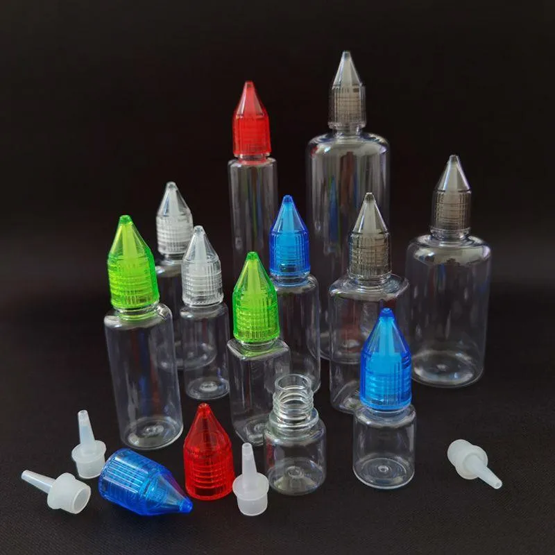 Färgglada plastdropparoljeflaskor med kristalllock 3 ml 5 ml 10 ml 15 ml 20 ml 30 ml 50 ml 100 ml PET -plastnål pressbar flaska för V SLFX