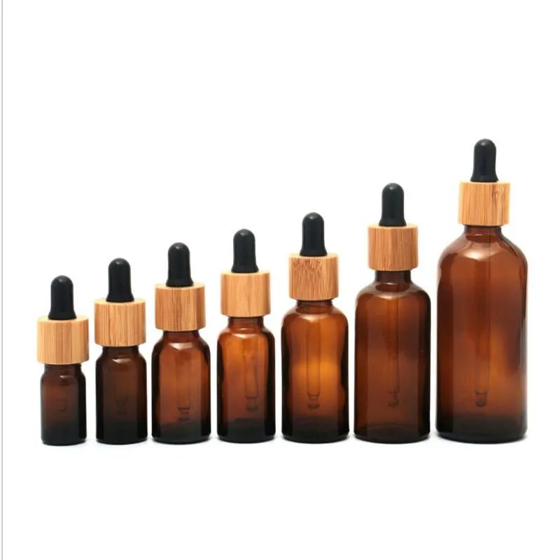 Frosted Amber Glass Droper Bottle 5 ml 10 ml 15 ml 20 lm 30 ml 50 ml 100 ml med bambu cap 1oz trä eteriska oljeflaskor bleee