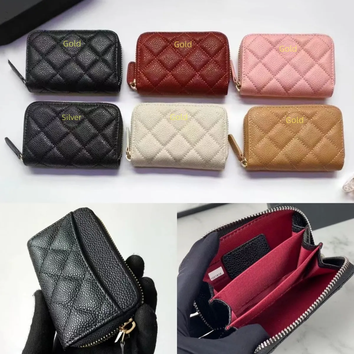 Cartera pequeña de piel de cordero de caviar de lujo Mini bolsa con cremallera Cuero genuino de guijarros C Bolsa para tarjetas de crédito Hombre Mujer Diseñador Monedero con caja al por mayor