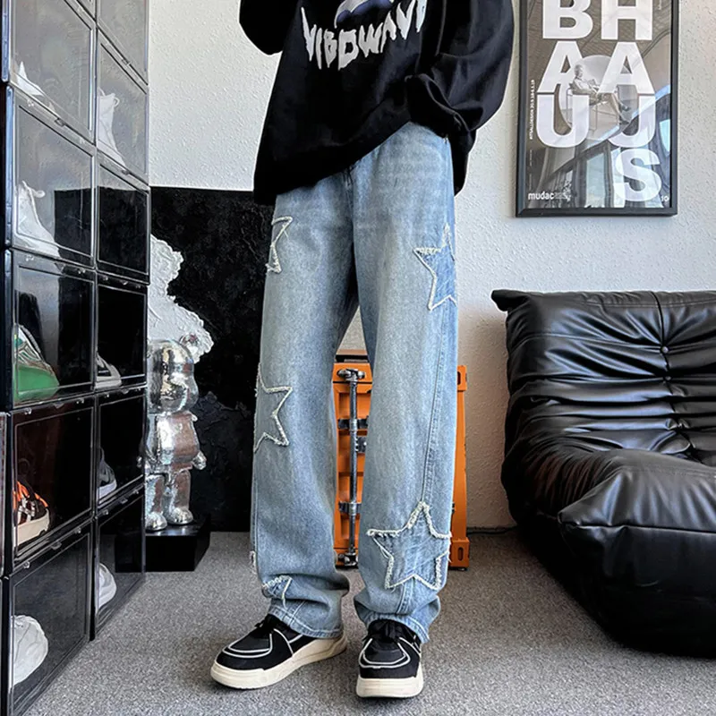 DHgate Mens Straight Jeans Vintage Washed Denim Pants Y2K Baggy Trousers Embroidered Stars Casual Fashion Clothes Apparel