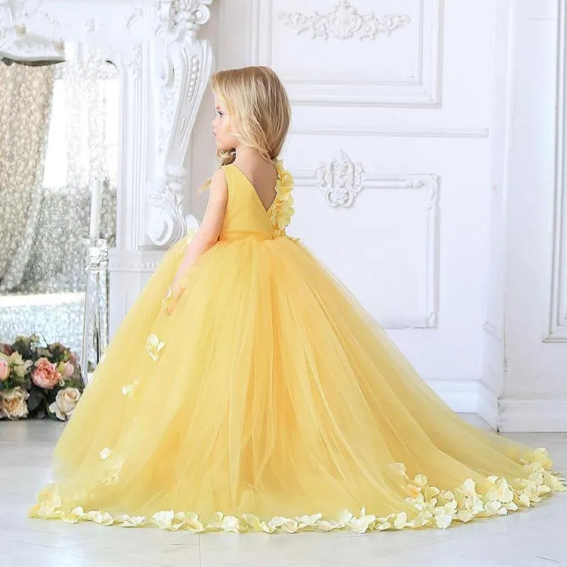 Abiti da ragazza Abito giallo a fiori gonfi per matrimoni eleganti Abiti da ballo per la prima comunione di spettacoli di applique per feste di compleanno per bambini