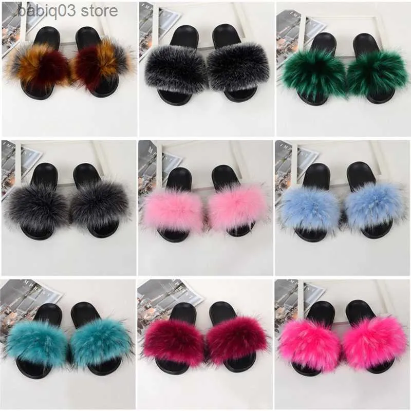 Slipper Kids Fur Kapcieczki Dziewczyna Fluffy Faux Saccoon Furt Slajdes Furry Home Flip Flip Flip Dame Summer Buty Dziewczęce Fur