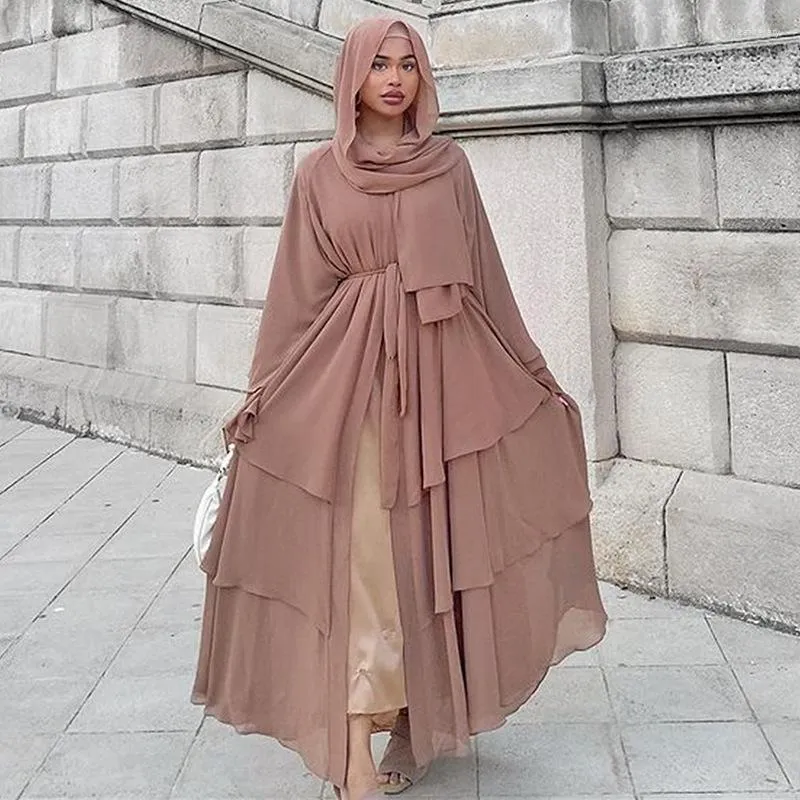Etnische Kleding 2023 Gelaagde Stropdas Voorzijde Abaya Kaftan Lange Mouw Moslim Jurk Zonder Hijab Vrouwen Turkse Bescheidenheid Gewaad Jilbab