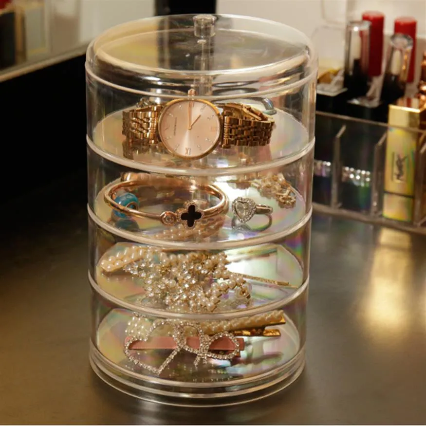 Transparent 4 Tiers Jewelry Storage Box With Lid Acrylic Makeup Organizer Rotating Jewelry Organizer Case High Quality Y1116255F