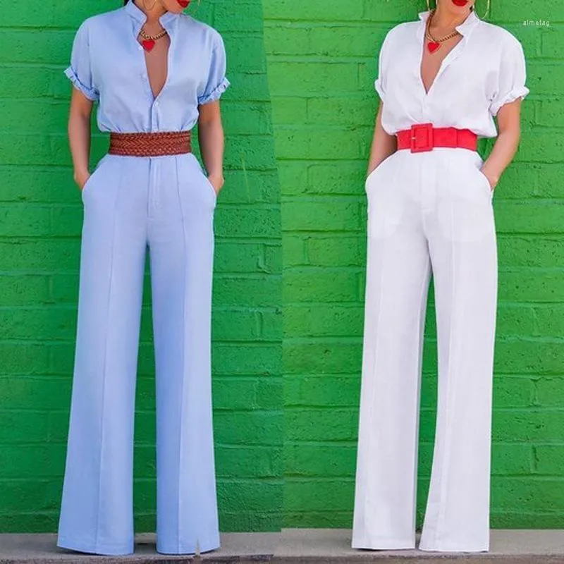 Active Pants Women V Neck Two Piece Set Jumpsuit Short Sleeve White Blue Vintage Rompers Womens Plus Size Long Summer Jumpsuits