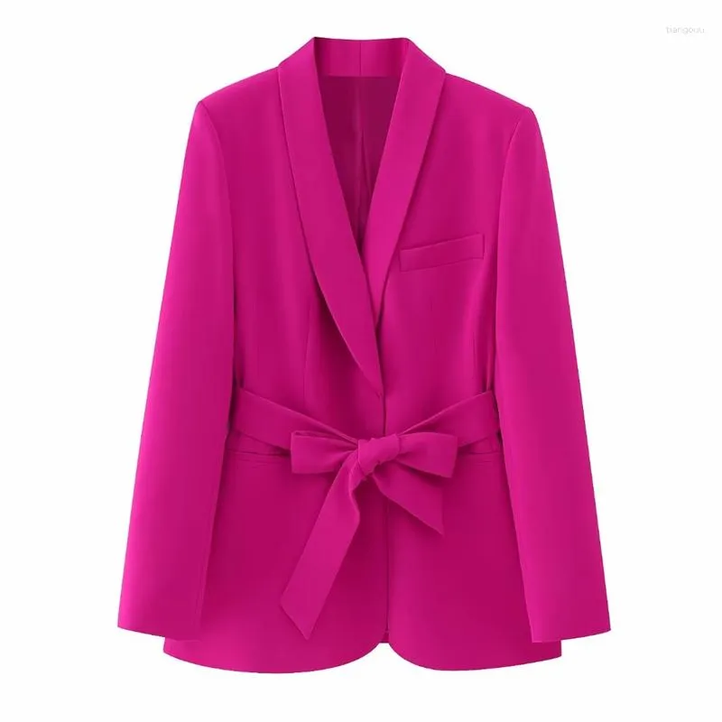 Kadın Suit Fuşya Smokin Blazer Kadın Kemer Düğmesi Ceket Kadınlar Uzun Kollu Düz Blazers Street Giyim