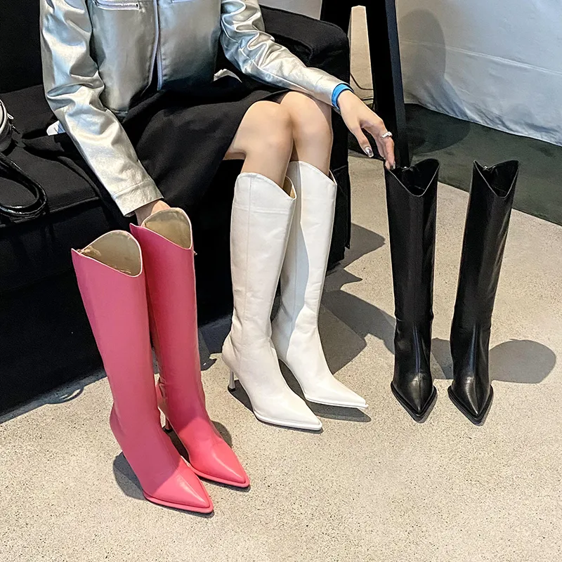 أحذية الشتاء عالية للنساء أزياء الانزلاق على أنثى طويلة مثيرة الكعب النسائي المدببة إصبع القدم boties 230915