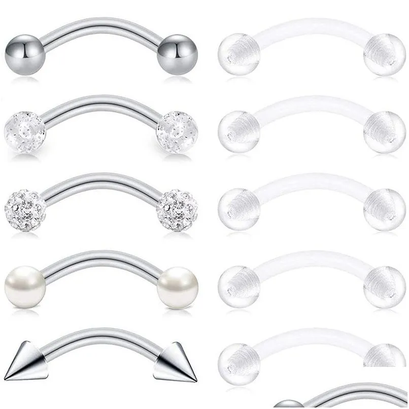 Tungringar 10st krökta skivstång Snake Eyes Ring Piercing Belly Button 14girurgical Steel Clear Acrylic Retainer Length Drop Dhgarden DHWGB