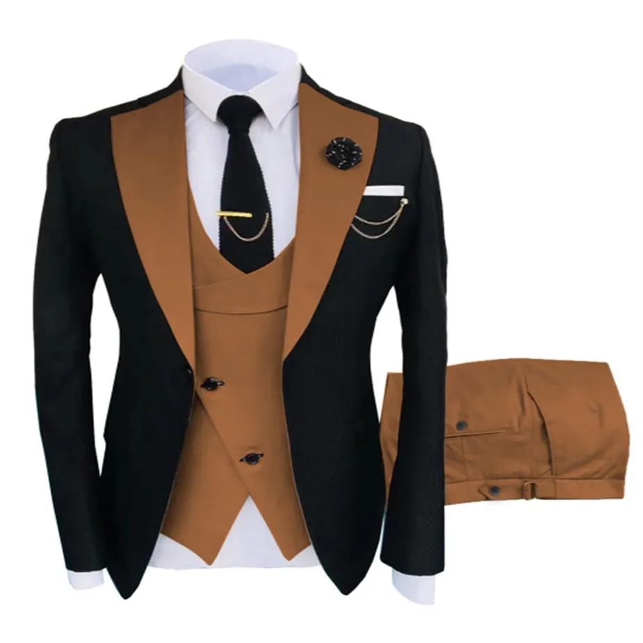 Costume Slim Fit Men Suits Wedding Tuxedos Business Suit Groom Formal Wear Black And Brown Man Blazer Jacket Pant Vest 3 Pieces Di2435