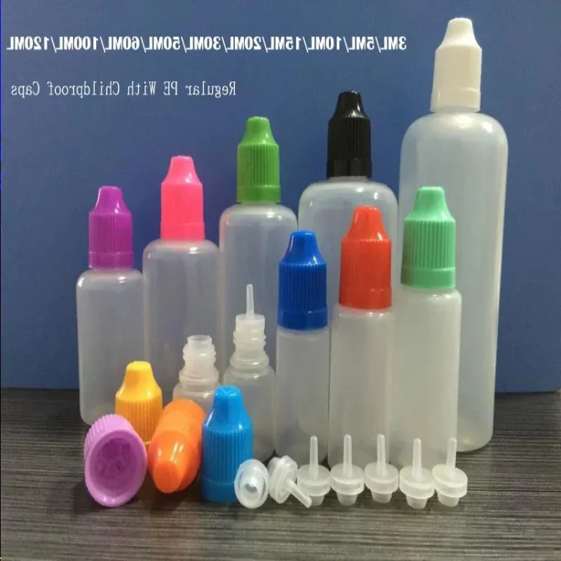 Bouteilles compte-gouttes Eliquid 3 ml 5 ml 10 ml 15 ml 20 ml 30 ml 50 ml 60 ml 100 ml 120 ml bouteilles en plastique avec bouchons à l'épreuve des enfants bouteille de jus de cig électronique Fmwdx