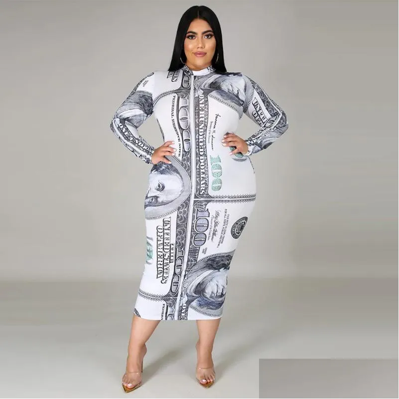 Robes de taille plus Zjfzml ZZ Femmes Vêtements Robe 2022 Argent Dollar Imprimer Manches longues Moulante Mi-mollet Drop Livraison en gros Vêtements Dhnr6