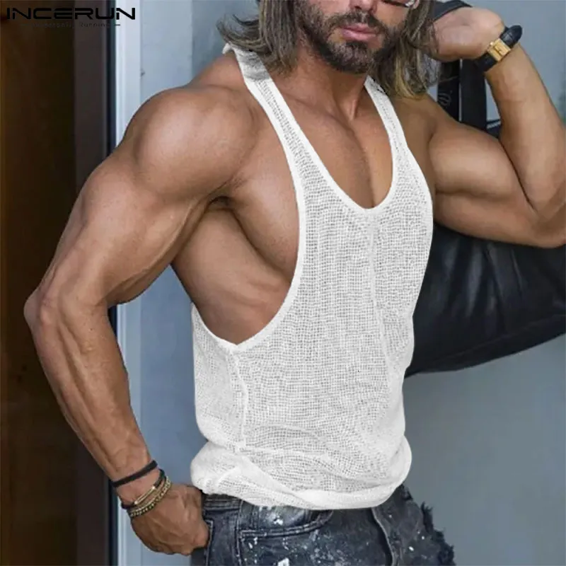 Herrtankstoppar 2023 män mesh transparent andningsbar oneck ärmlösa västar fitness sexig streetwear modekläder incerun 230915