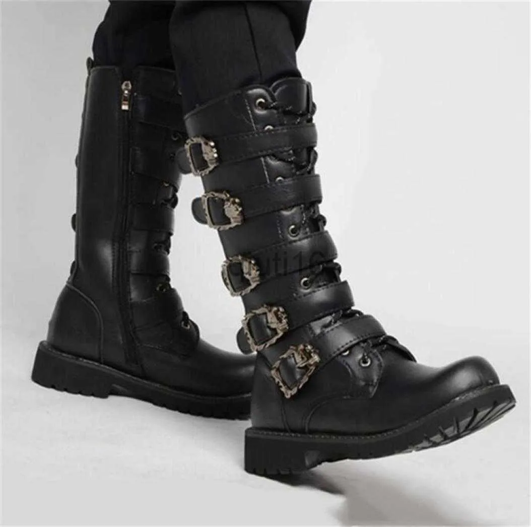 Stövlar men039s lädermotorcykelstövlar midcalf militär stridsstövlar gotiska bälte punk stövlar män skor taktisk armé boot 2202086385352 x0916