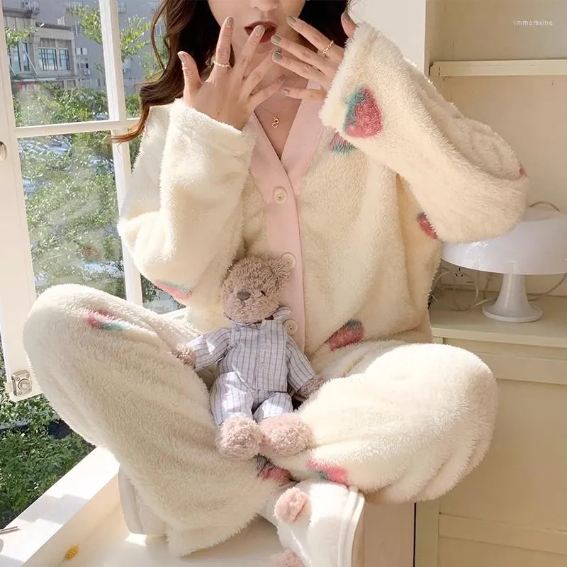 Vrouwen Nachtkleding Herfst Winter Kawaii Aardbei Cartoon Pyjama Sets Vrouwen Pyjama Flanel Loung Meisje Pijama Mujer Nacht Pakken Homewear