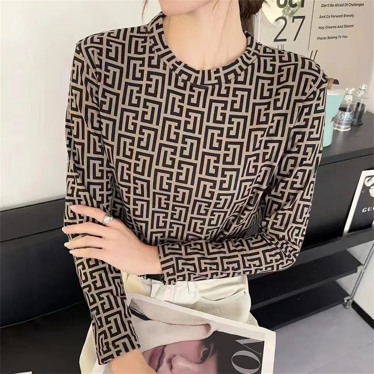 Womens Knits Tees Blouses Truien Vintage Blouse Mesh Shirt Hoge Hals Herfst Winter Lange Mouw Hemd Tops Blusa Femine