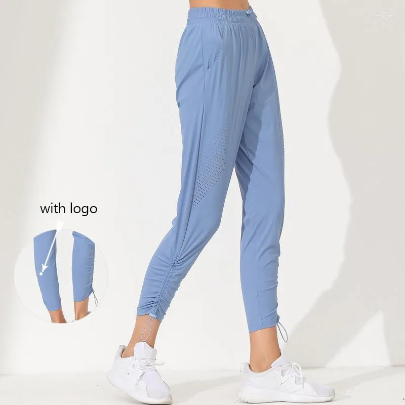 Active Pants Lu Brand med logo Ladies Pocket Elastic Jogger Snabbt torrt andningsnät Wide Leg Yoga Sports Fitness Leggings