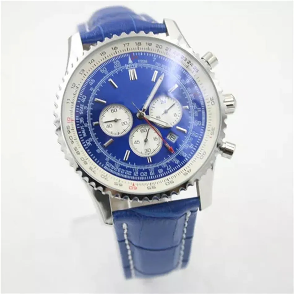 Montre de luxe pour hommes, mouvement à quartz, chronographe, boîtier en acier inoxydable, bracelet en cuir bleu, boucle déployante, montres pour hommes WR266w