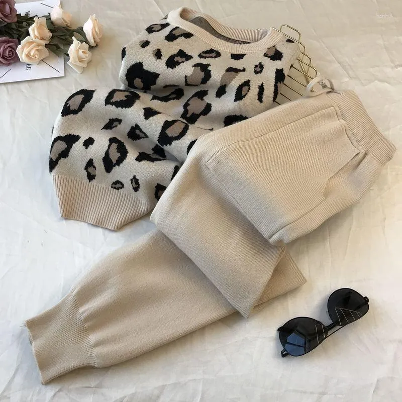 Women's Two Piece Pants Woman Leopard Knit Sweater Tracksuits And Fashion Wide Leg Suits Ladies Long-Sleeve Pullover G678