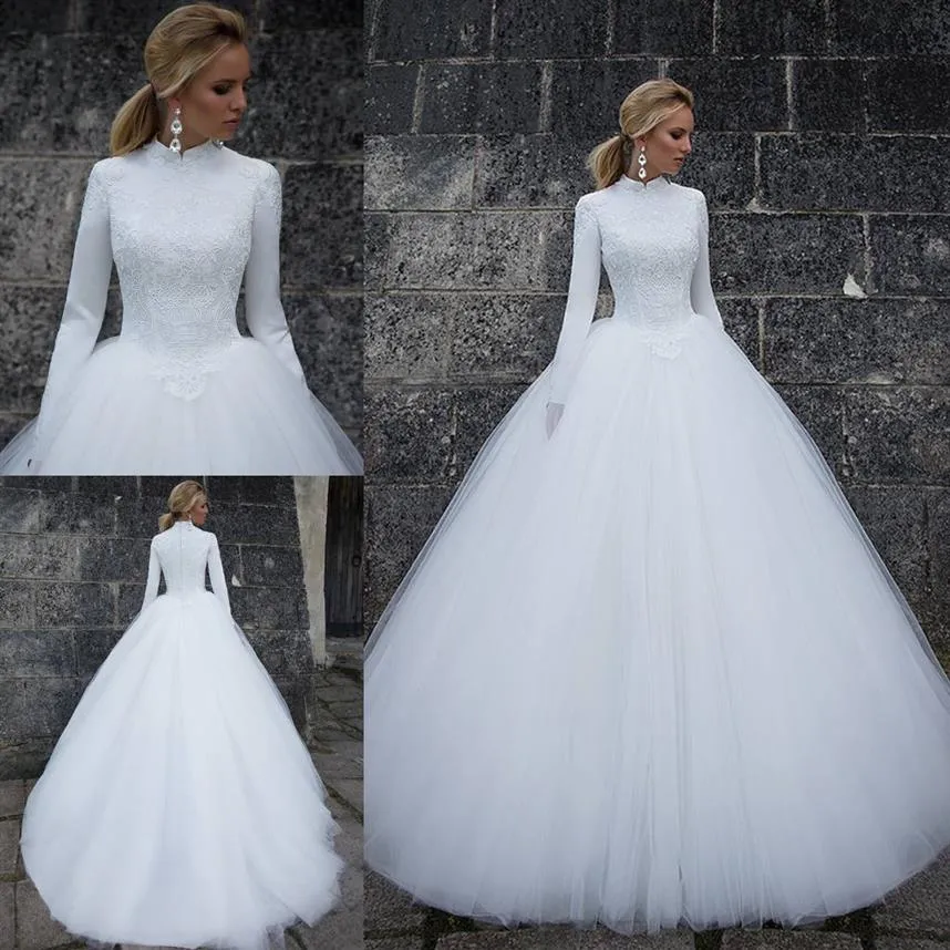 Abiti da sposa musulmani con abito da ballo in pizzo bianco con maniche lunghe abito da sposa collo alto Sweep Train Tulle Abiti da sposa2966