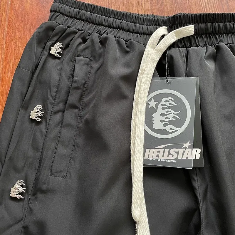 Hellstar Waxed Nylon Button Pants Breasted men straight tube loose button high street wide legs Sweat-wicking for Fitness Dancing Sweatpants Running Track Pants