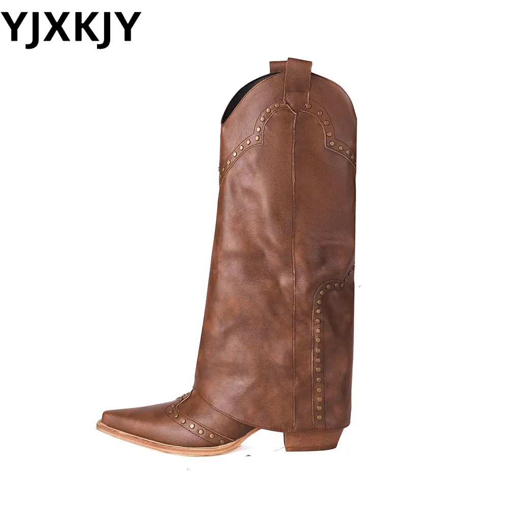 Botas YJXKJY ly chegou europeu e americano mulheres sexy apontou saltos grossos outono inverno rebitado ocidental grandes tamanhos 230915