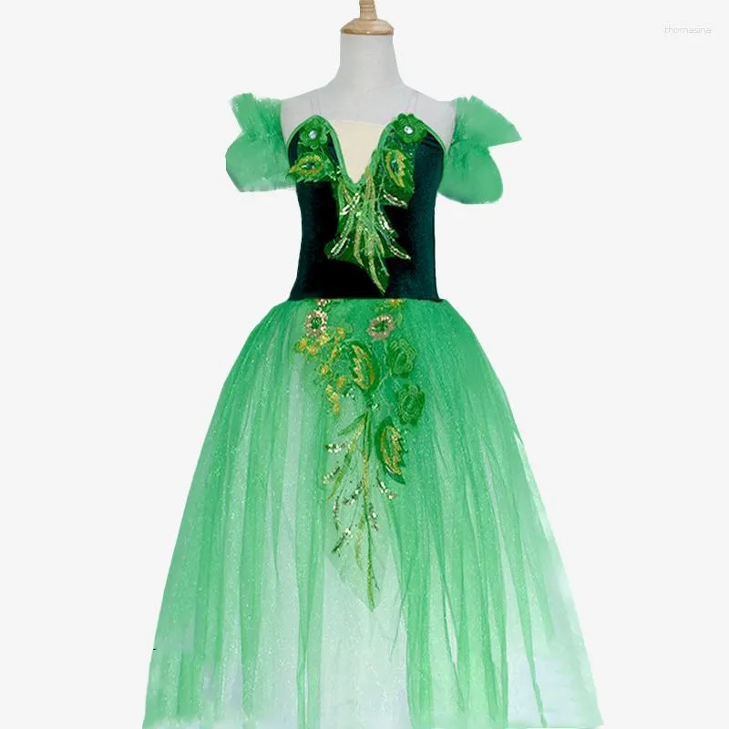 Сценическая одежда, зеленая длинная романтическая балетная пачка для девочек, женский костюм, платье для выступлений, танцевальное платье, юбки из тюля для девочек