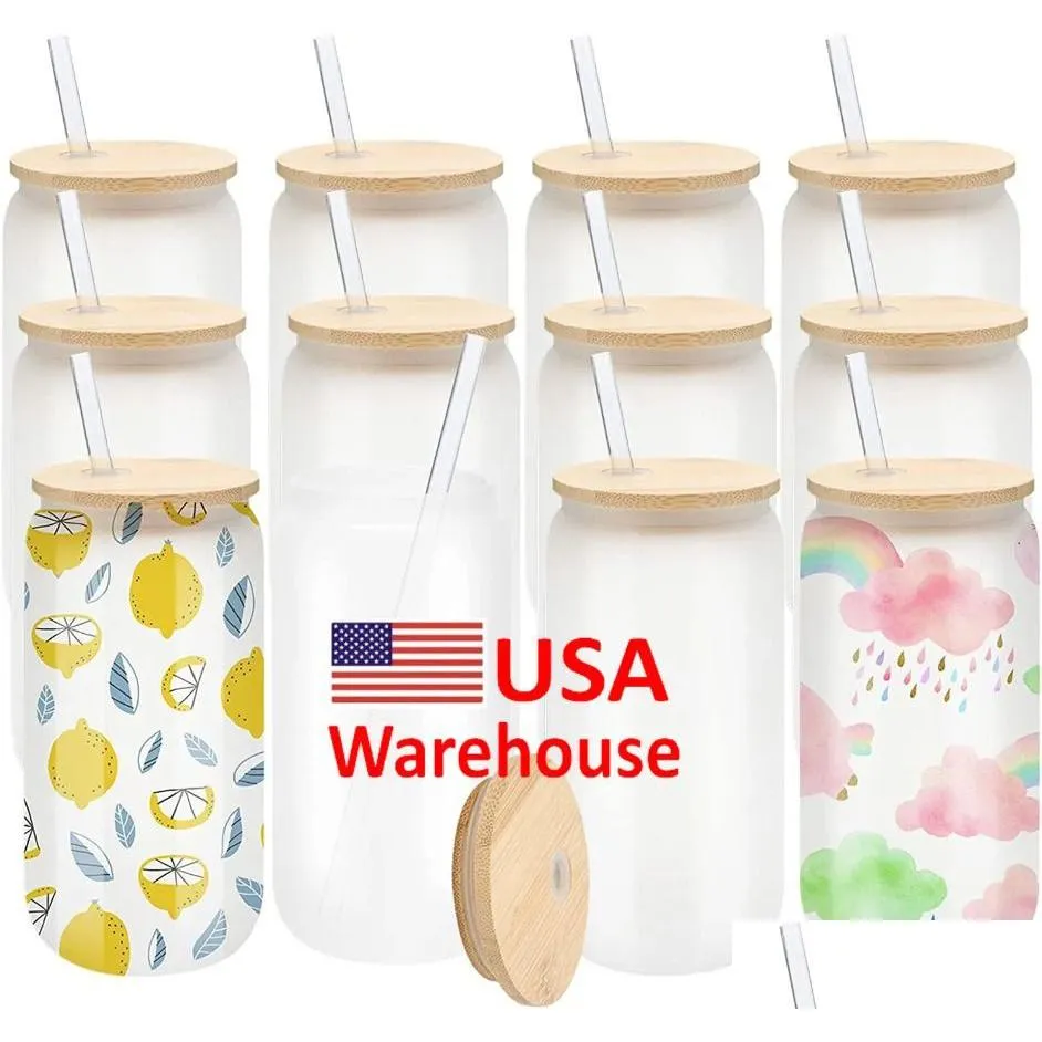 Kubki Wysyłka w 12H USA Warehouse 16 uncji Clear Glass Sublimation Tubblery z bambusową pokrywką Łatwe do sublimenta