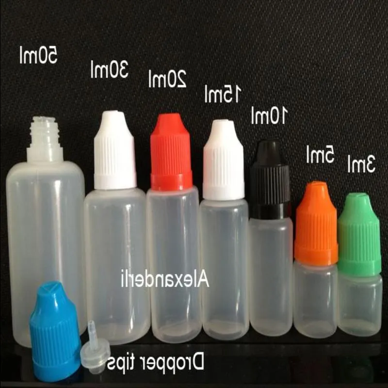 Flacons compte-gouttes colorés en PE 3 ml 5 ml 10 ml 15 ml 20 ml 30 ml 50 ml Conseils d'aiguille avec capuchon de couleur à l'épreuve des enfants Pointe compte-gouttes pointue en plastique Eliquid Bo Xwgq