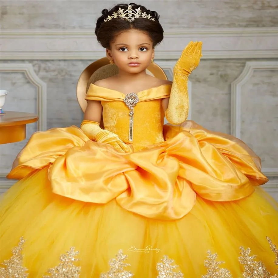 желтые кружевные кристаллы платья для девочек-цветочниц бальное платье-бато свадебные платья для маленьких девочек дешевые платья для причастия платья f359177I
