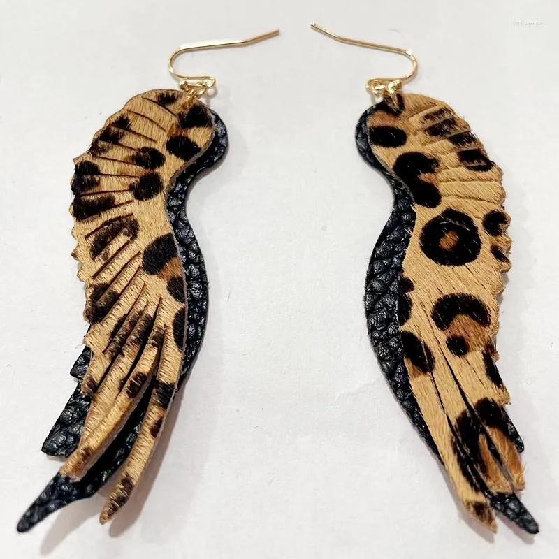 Boucles d'oreilles UJBOX Double couche en cuir léopard, pompon d'aile de crin de cheval pour femmes, longues plumes, accessoires de bijoux en vrac