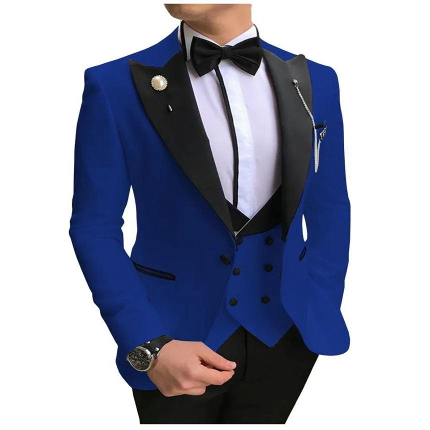 Slim Fit Royal Blue Groom Tuxedos Peak Revers Groomsmen Hommes Robe De Mariée Style Homme Veste Blazer 3 Pièces SuitJacket Pantalon Gilet T252L