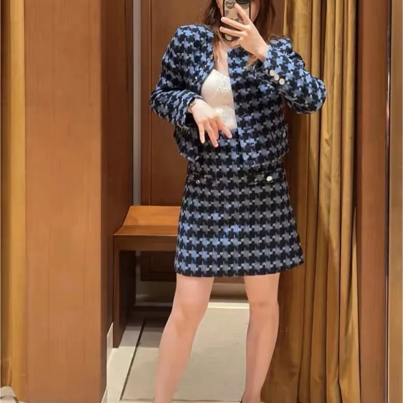 Sandro Round Neck Deep Blue Plaid Tweed Jacket and A-Line High Waisted  Skirt Set