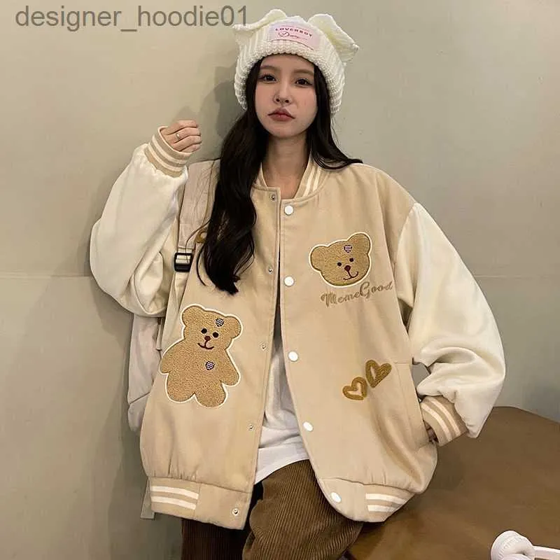 Women's Jackets Women Fashion Bear Embroidered Baseball Uniform Oversize Long Sleeve Jacket Korean Style Casual Coat L230916