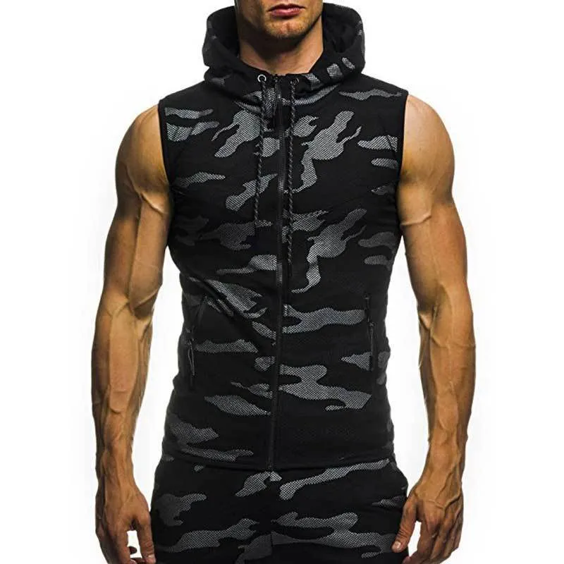 Débardeurs pour hommes Mâle Summer Sweatshirt Hommes Militaire Slim Top Camouflage Gyms Fitness Zipper Gilet À Capuche Sans Manches À Capuche Tees MY078 230915