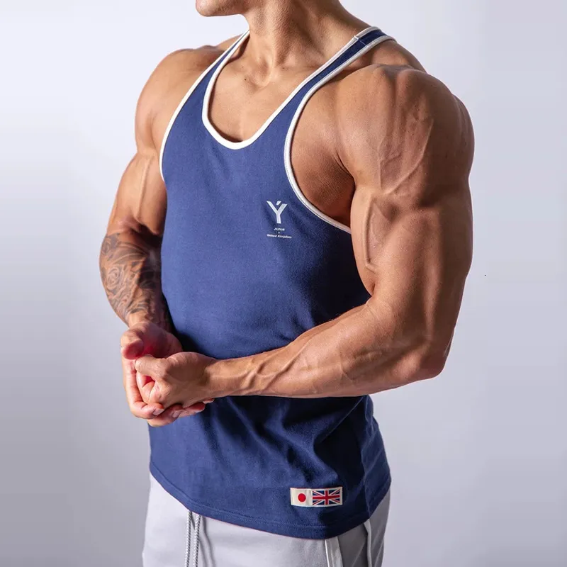 Men's Tank Tops Summer Style Jogging Gym Bodybuilding Elastic Breathable Vest 100 Cotton Blue Sleeveless Fitness 230915