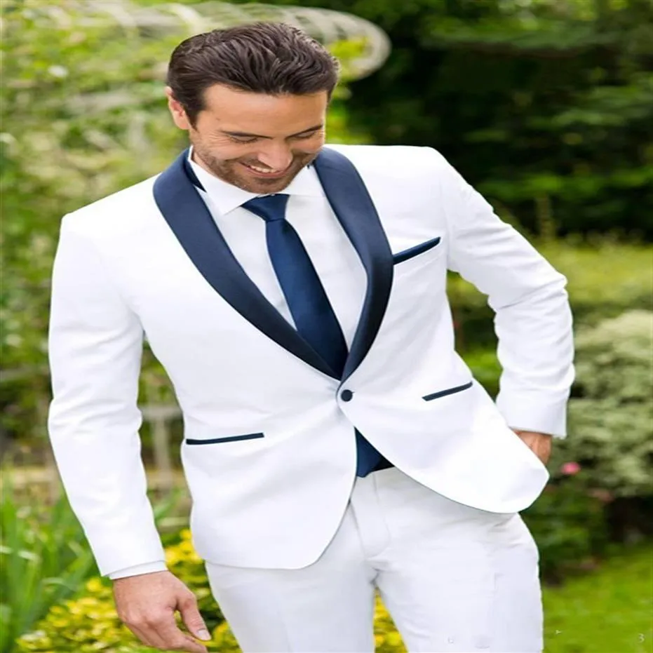 Cheap Custom Made White Groom Tuxedos Blue Lapel Groomsmen Suit Mens Wedding Suits Slim Fit Bridegroom Business Suit Jacket 282j