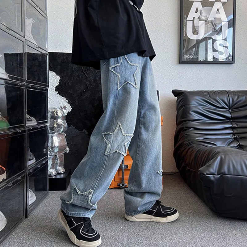 Mens Straight Baggy Jeans with Star Embroidery Mid Waist 33 Denim