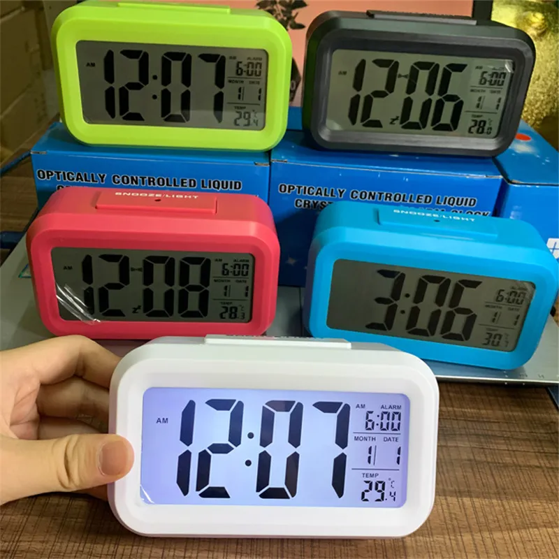 Mute Alarm Clock LCD Smart Clock Temperature Cute Photosensitive Bedside Digital Alarm Clock Snooze Nightlight Calendar