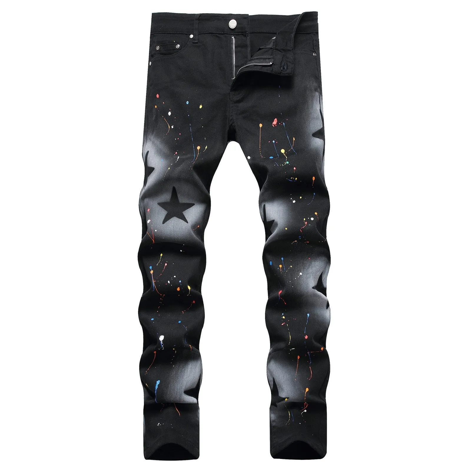 Pantalones vaqueros para hombre Estilo Pintura de color negro Estiramiento High Street Star Print Slim Elástico Flaco Pantalones de mezclilla Lápiz 230915